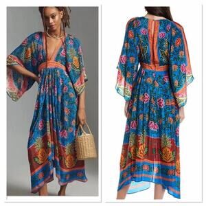 FARM RIO BLUE PINEAPPLE GARDEN CAFTAN MAXI DRESS SIZE XS